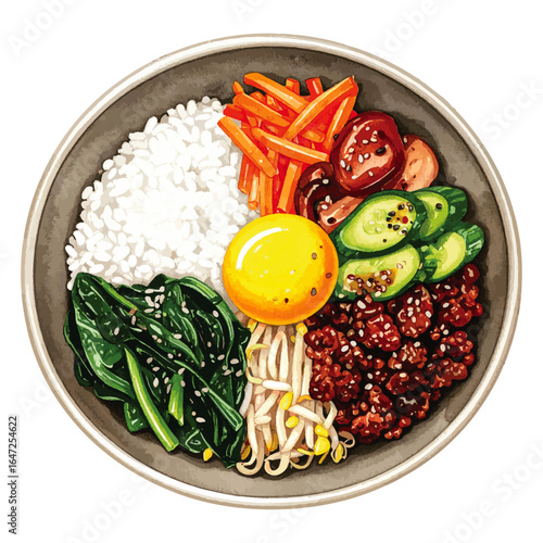 Watercolor Illustration of Korean Bibimbap Dish – Traditional Mixed Rice with Vegetables and Egg