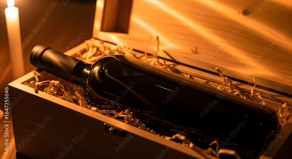 Naklejka premium A bottle of red wine nestled in a wooden gift box, lit by candlelight.