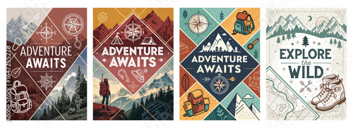 Set of four vibrant adventure-themed illustrations with nature motifs and outdoor gear.