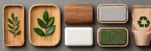 Prodotti naturali e sostenibili per la cura del corpo, con foglie verdi, bambù e simbolo del riciclo.