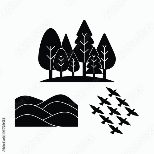 Forest Landscape Birds Nature Scene Icon Vector Illustration