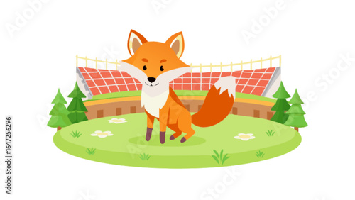 Cartoon goat illustration cute farm animal in meadow with flowers and watering can vector graphic