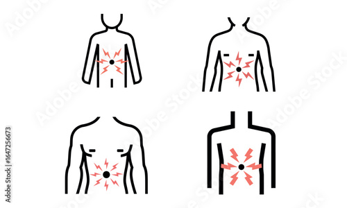 Stomach pain icon set with human body outline and red ache marks
