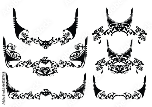 gondola boat bow with rose flowers floral ornament for decorative page frame - venetian symbol black and white vector calligraphic silhouette design set