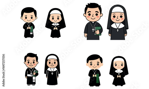 Cute cartoon priest and nun characters in religious clothing holding bible
