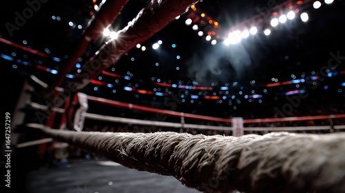 Boxing Ring Rope Close Up In Dark Arena