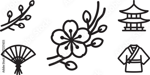 Japanese Culture Icon Set Outline Style Cherry Blossom Pagoda Fan Kimono Vector Design