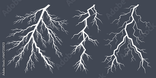 White lightning bolts branching across a dark grey background thunder storm