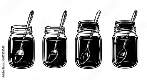 Four vintage glass mason jars filled with dark liquid and striped straws presented as a silhouette isolated on transparent background