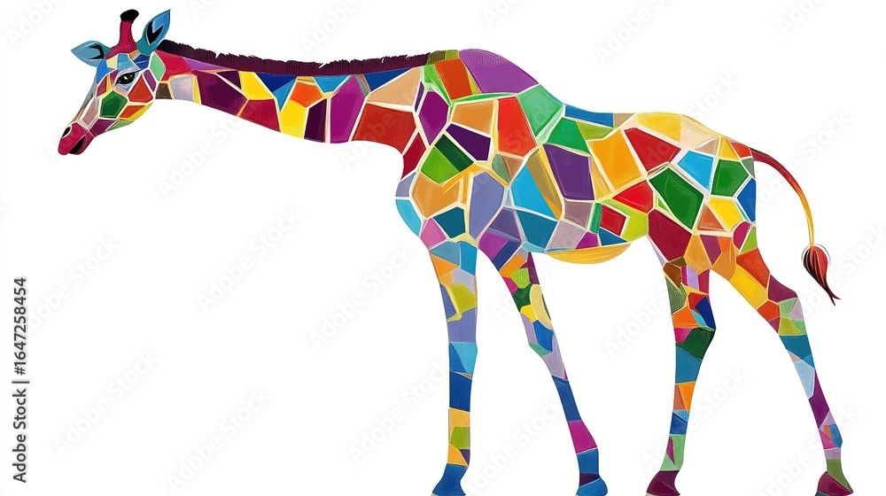 Obraz premium A vibrant, colorful mosaic-style illustration of a giraffe, showcasing an artistic blend of geometric shapes and bright hues.