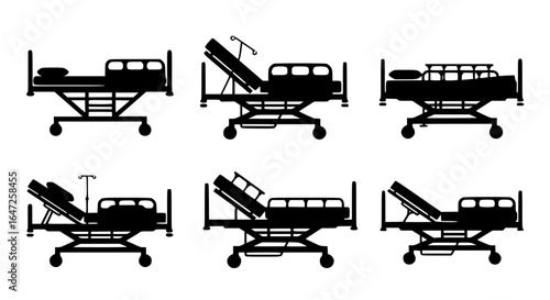 Collection of black hospital bed silhouettes in various positions and configurations isolated on transparent background silhouette