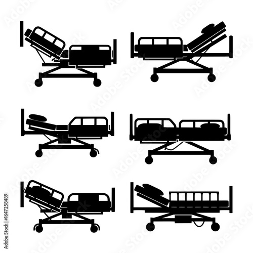 Collection of black hospital bed silhouettes in various positions and configurations isolated on transparent background silhouette