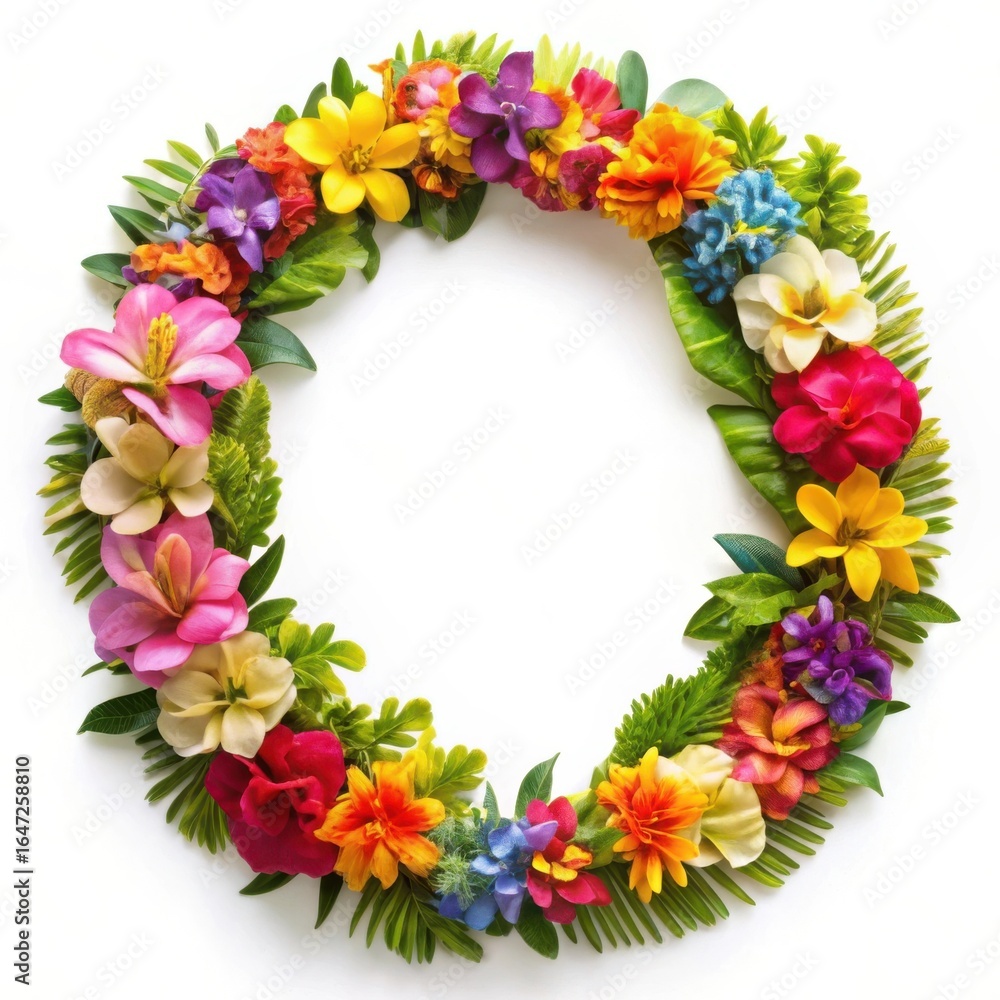 Fototapeta premium Vibrant floral wreath adorned with colorful blossoms and greenery