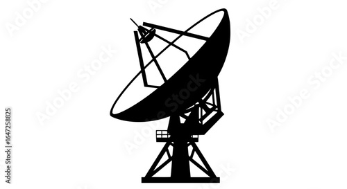Detailed black silhouette of a large industrial radio telescope dish antenna on a white background isolated on transparent background