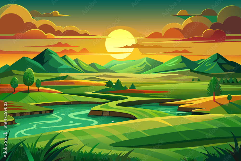 Obraz premium vector of When the sun goes down, the green plains are bathed in orange and golden light and the land takes a deep breath of silence.