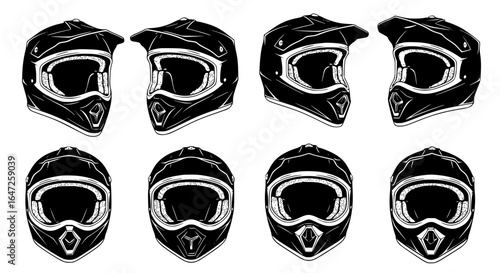 Collection of  black motocross helmets with goggles shown from different angles in a detailed sketch style silhouette isolated on transparent background
