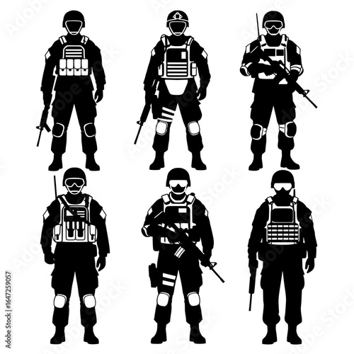 Six modern soldiers in tactical gear holding rifles and weapons in a silhouette style isolated on transparent background