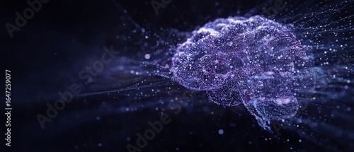 Cervello umano digitale luminoso con particelle scintillanti e connessioni neurali su sfondo blu scuro