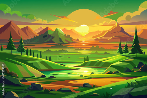 vector of When the sun goes down, the green plains are bathed in orange and golden light and the land takes a deep breath of silence.