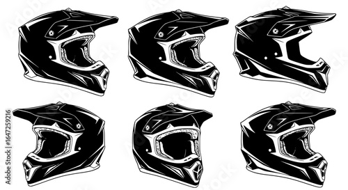 Collection of  black motocross helmets with goggles shown from different angles in a detailed sketch style silhouette isolated on transparent background