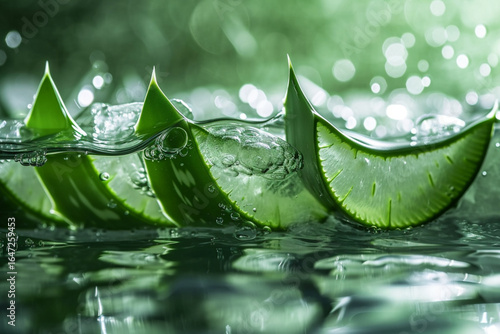 Aloe vera slices submerged in water on a vibrant green background, fresh and natural, close-up view