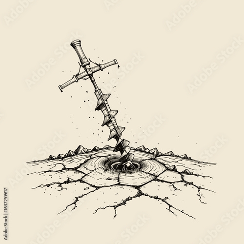 Black and white illustration of an auger drilling into cracked earth in a rugged style