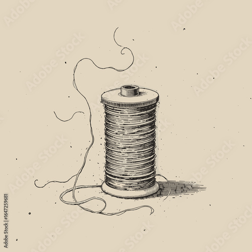 Black and white illustration of a spool of thread with loose strands in a minimalist style