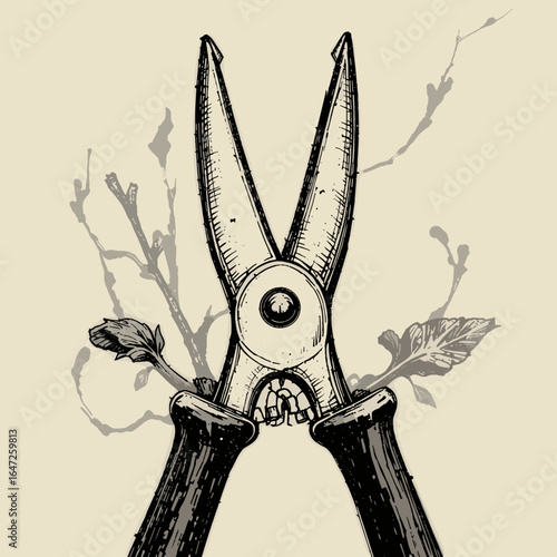 Black and white illustration of garden shears with small branches and leaves in a close-up view