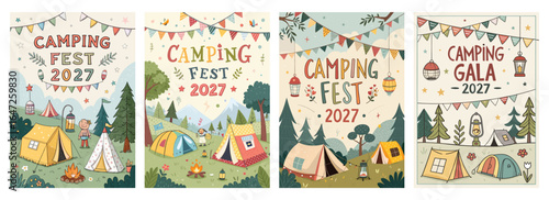 Colorful camping festival posters featuring tents, mountains, and whimsical designs for a joyful atmosphere.