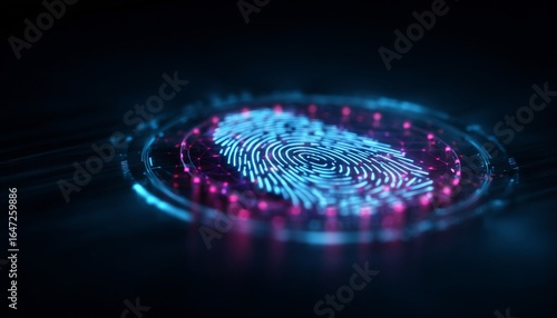 Impronta digitale olografica futuristica con luci al neon blu e viola su sfondo scuro, concetto di sicurezza digitale.