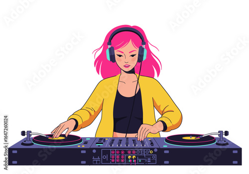Female DJ with Pink Hair Mixing Music on Turntables