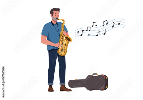 Man Playing a Golden Saxophone with Musical Notes