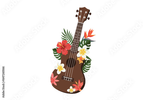 Decorated Brown Ukulele with Tropical Flowers and Leaves