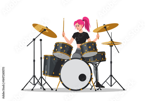 Pink-Haired Woman Playing a Black and Gold Drum Set with Cymbals