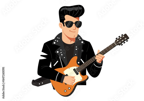 Rockabilly musician playing an electric guitar with black leather jacket and sunglasses