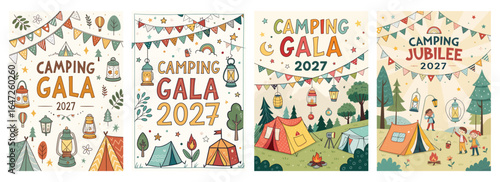 Colorful camping event posters featuring playful designs and festive elements for 2027 celebrations.