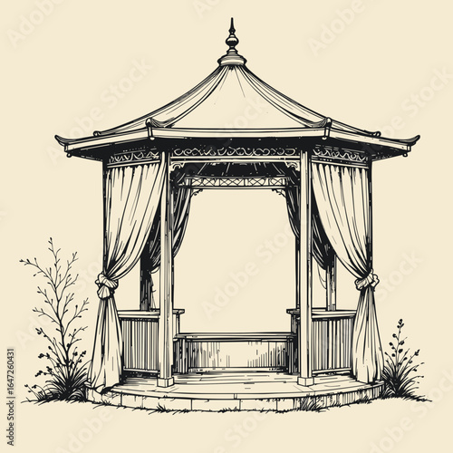 Black and white illustration of a charming gazebo with curtains in a serene garden setting