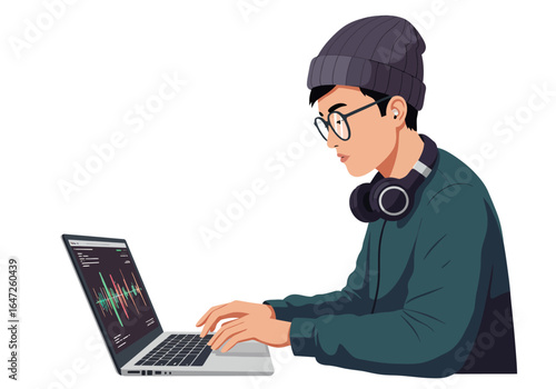 Focused Man Working on Laptop with Headphones and Beanie