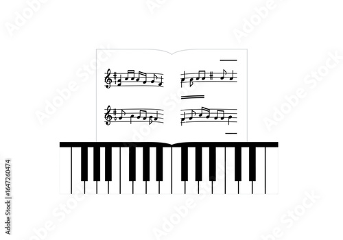 Piano Keyboard with Open Sheet Music Book Illustration