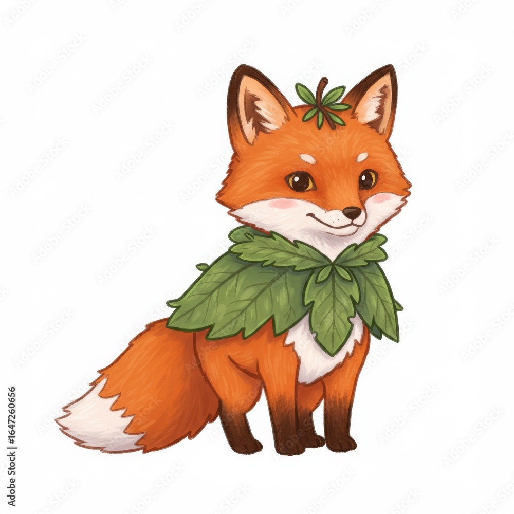 Fototapeta premium Cute Cartoon Fox Wearing Leaves