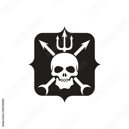 Skull and crossbones trident and wrench emblem on white background vector illustration