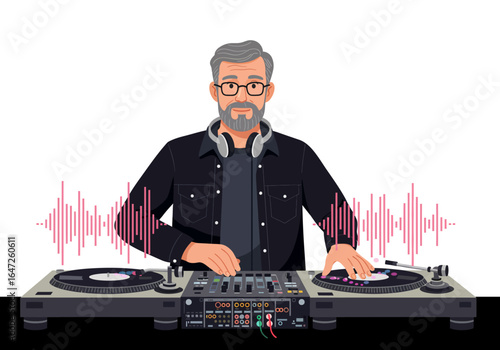 Mature DJ Mixing Music on Turntables with Headphones