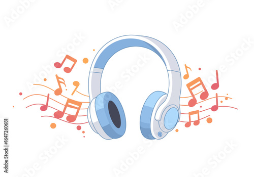 Stylish Blue and White Headphones with Musical Notes Illustration
