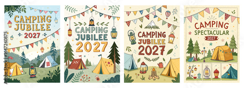 A colorful collection of four illustrated camping event posters with tents, lanterns, and nature elements.