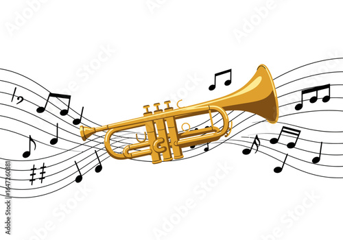 Golden Trumpet with Musical Notes Illustration