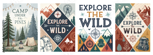 A set of four adventure-themed illustrations promoting outdoor exploration and camping.
