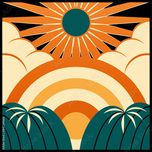 The sun and rainbow with stylized mountains and clouds - a symbol of the equinox, Autumn equinox day