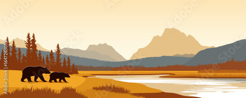 Beautiful autumn mountain landscape of wild nature with bears near the lake. Vector illustration of autumn landscape of mountains, forest and steppes. Bears in the wild.