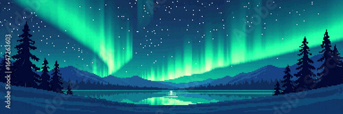 A breathtaking pixel art night scene depicts the vibrant green and blue streaks of the Aurora Borealis illuminating a starry sky above a tranquil lake and silhouetted mountains with pine trees.