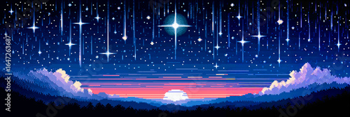 A captivating pixel art night sky features numerous falling stars and shining constellations above a colorful sunset horizon with silhouetted mountains and clouds.
